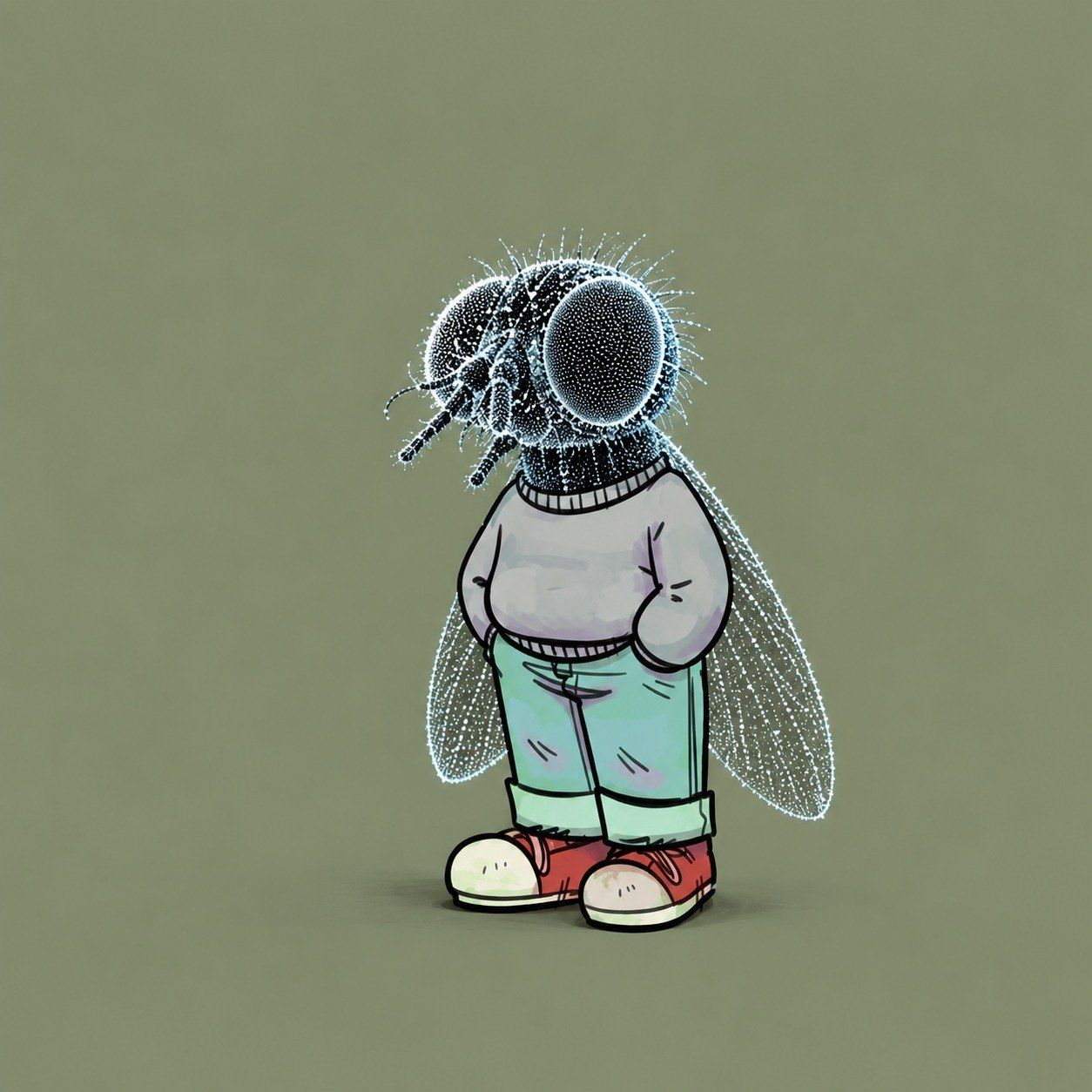 Flyguy: a laid-back fly in a grey sweatshirt, mint trousers, and red sneakers.